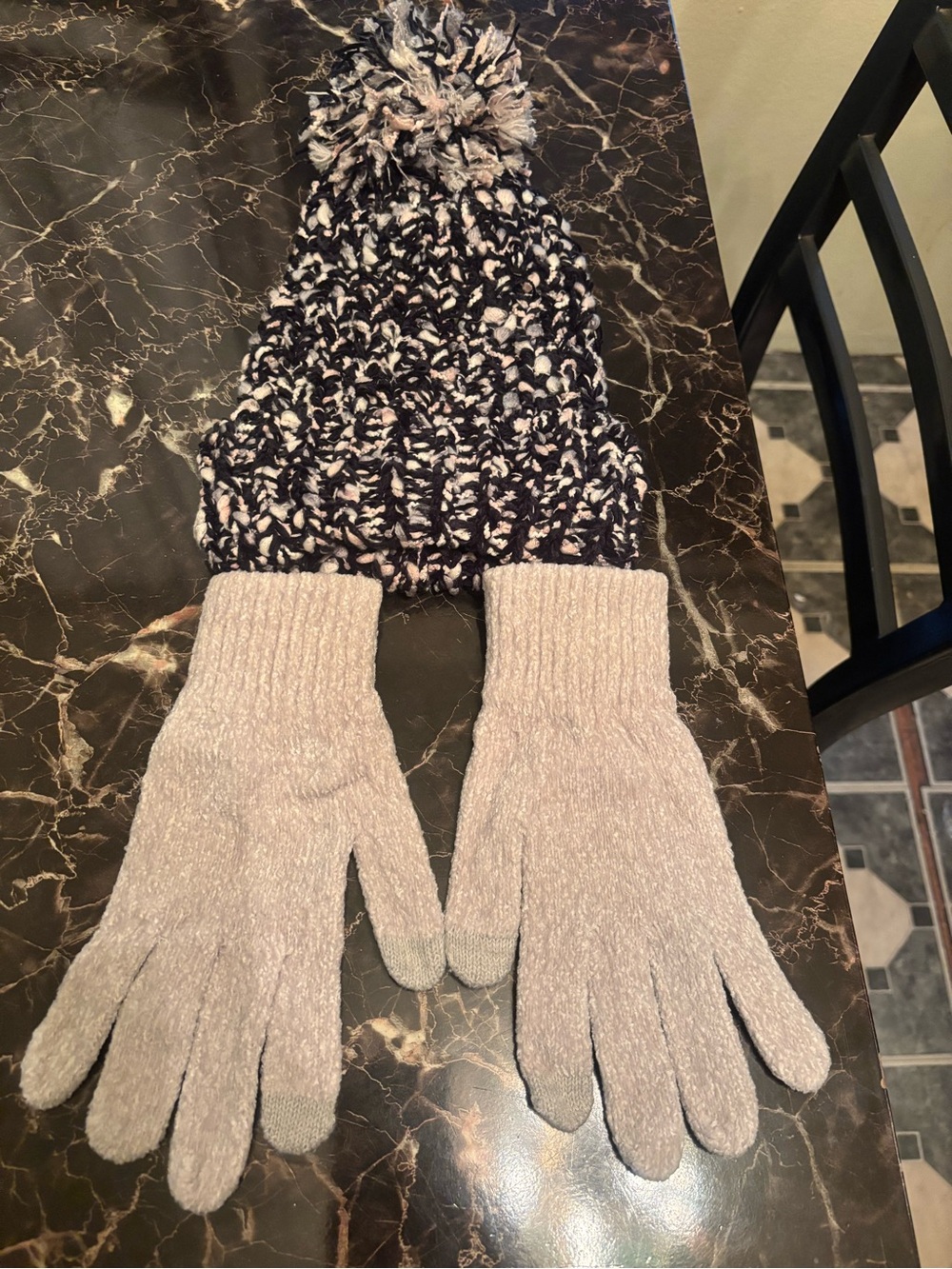 Cozy Marled Knit Pom Beanie and Gloves Set - Cream and Black